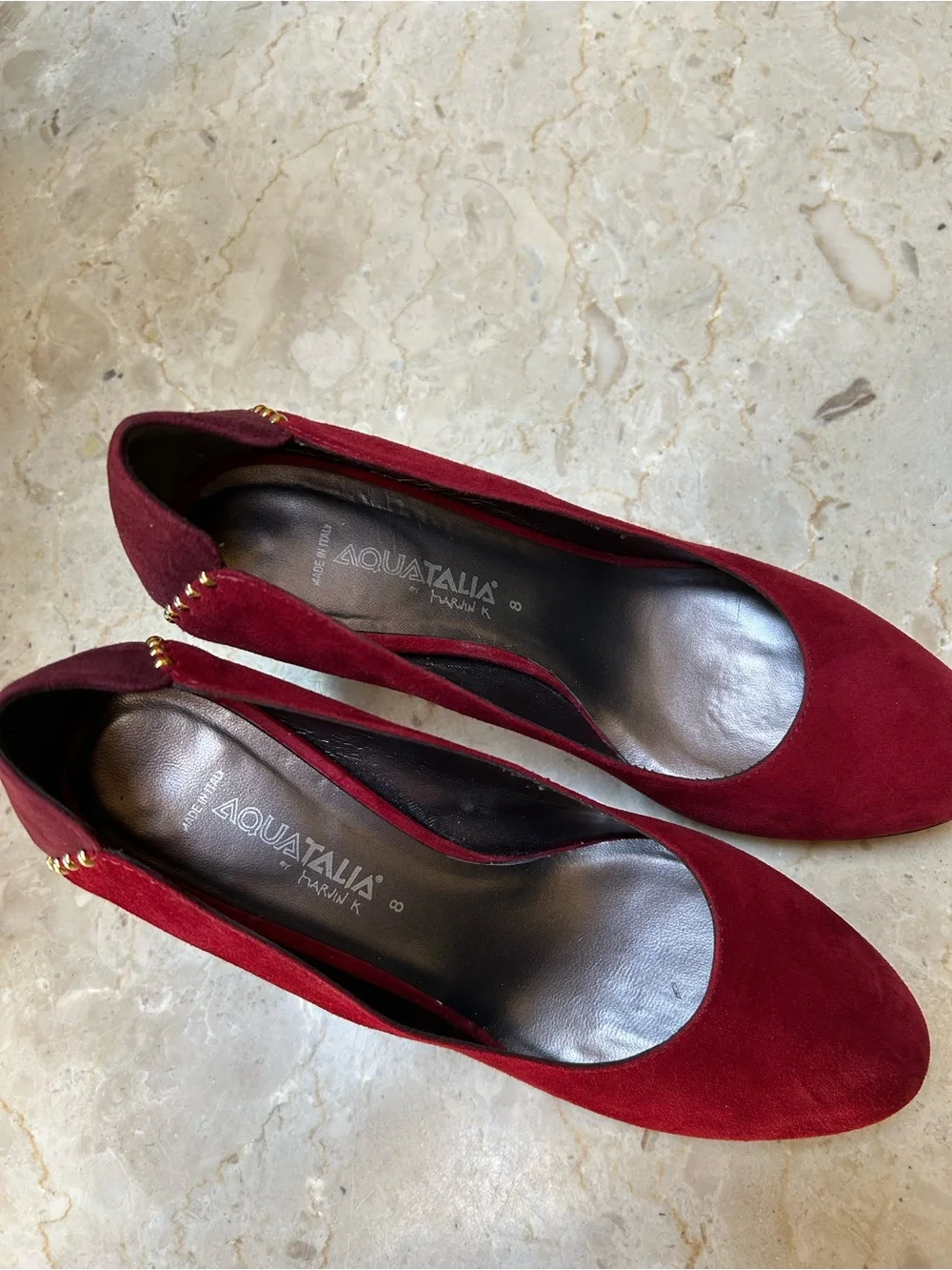 Aquatalia Burgundy Suede Block Heel Pumps with Gold Studs